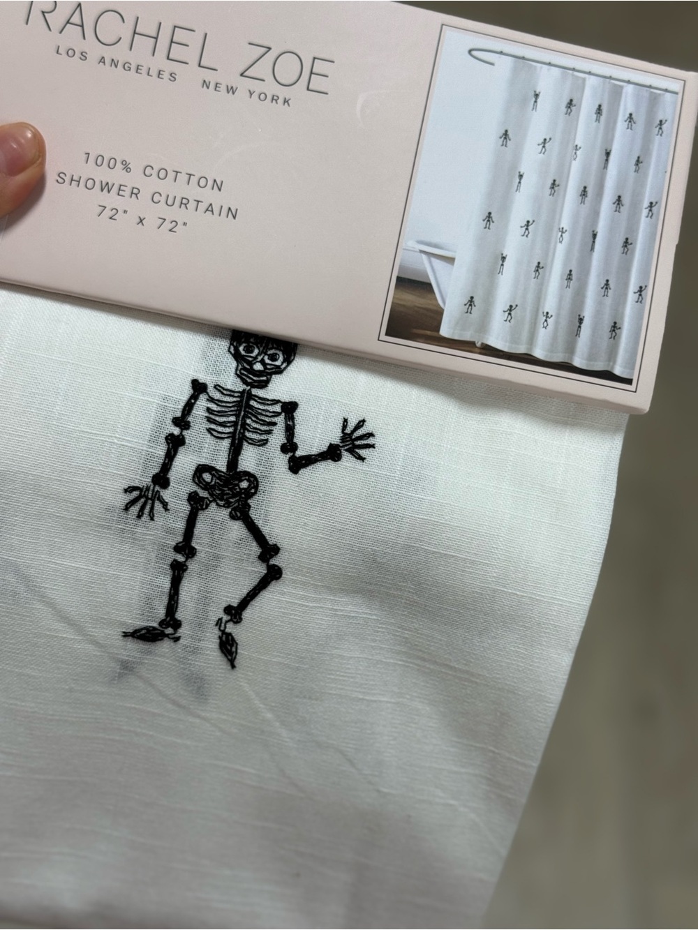 Rachel Zoe White Cotton Shower Curtain with Black Skeleton Embroidery